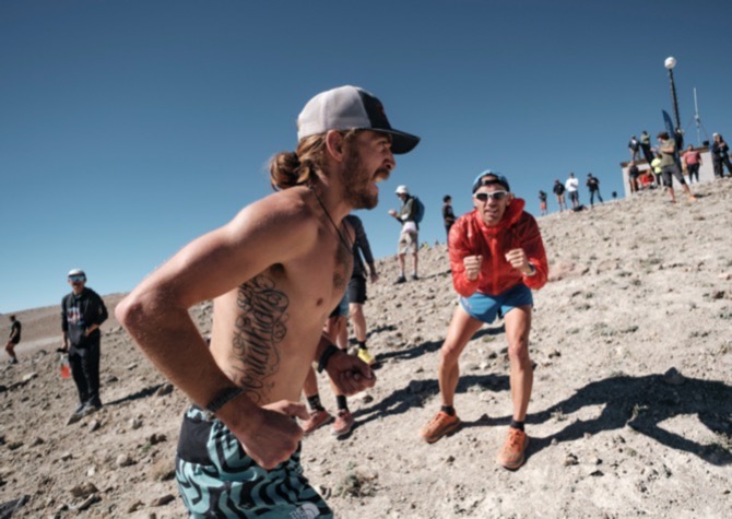 Michelino Sunseri is cheered on by Topher Gaylord at mammoth trail fest 