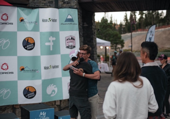 Tim Tollefson gives a hug during the mammoth trail fest 