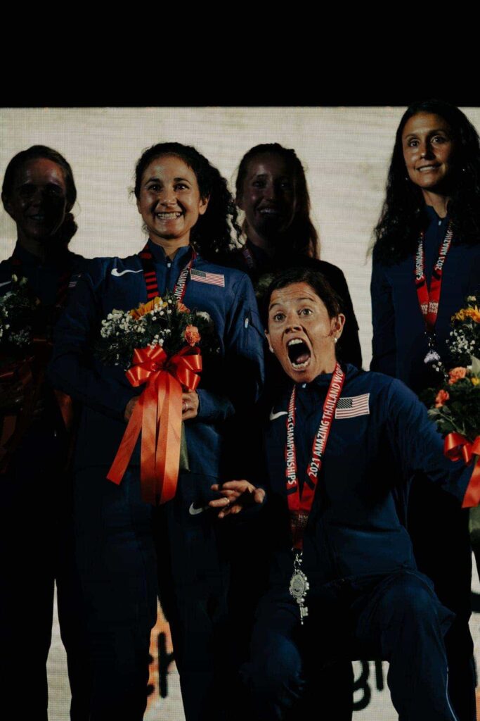 The US women celebrate their silver medal in the team competition 