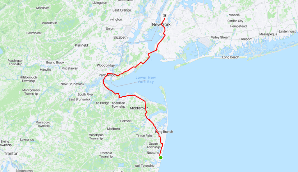 Sam's mapped route from Bradley Beach to NYC 