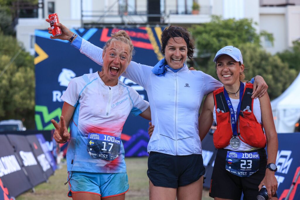 The women's podium together after a tight finish between second and third. 