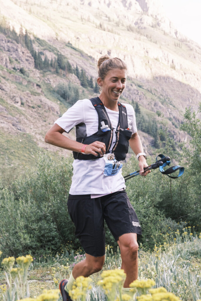 Courtney Dauwalter runs with a hydration vest on during the Hardrock 100-mile. 