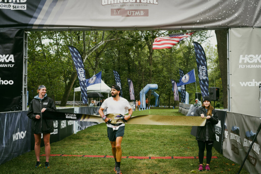 Mike breaking the tape at Grindstone 100-mile PC Leah Yingling 