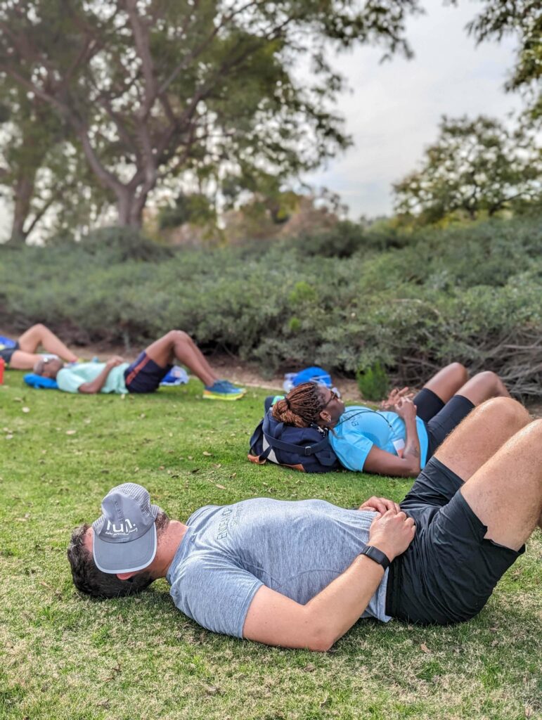 A group of runners embrace mindfulness and meditation. PC: Ruby Wyles