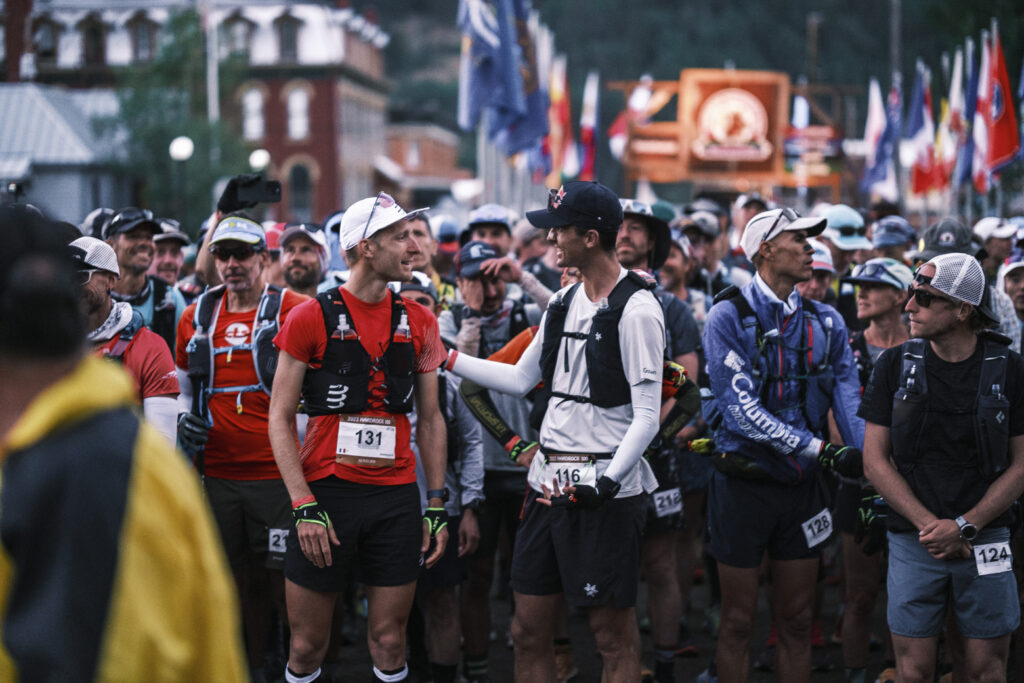 Aurélien Dunand-Pallaz (L) on the start line with Dylan Bowman (R) before the Hardrock 100 mile race. PC: Ryan Thrower