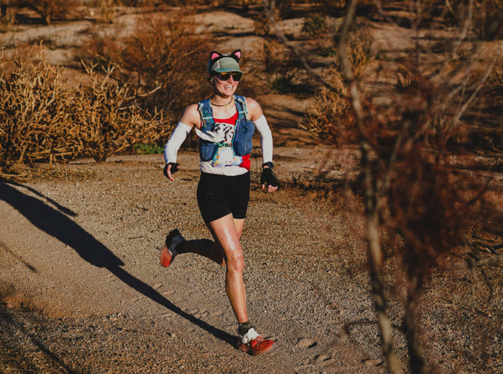 Tara Dower, in costume as a kitty cat at the Javelina 100 mile in October of 2023. 