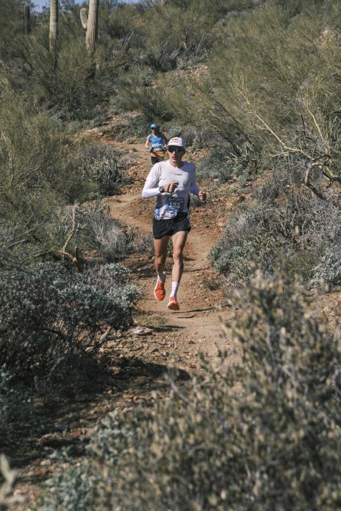 Tom Evans on his way to a 2nd place finish at the 2023 Black Canyon 100km. PC: Ryan Thrower 