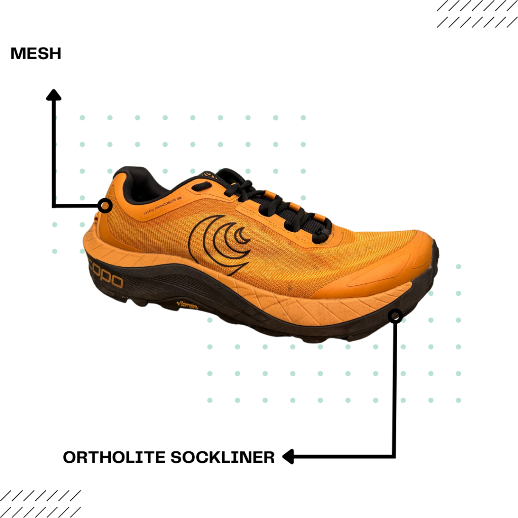 The Topo Athletic MTN Racer 3 has a breathable mesh upper and a wide toe box 