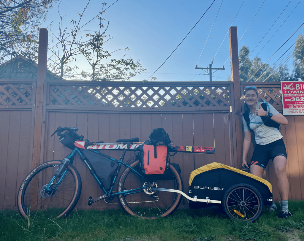 Elena Horton on her way to bike, climb, and ski the volcanos between Seattle and Portland.