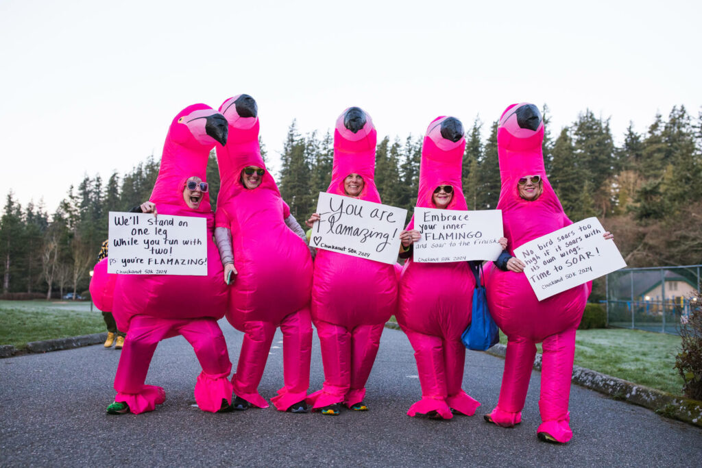 Flamingos ready to cheer on Chuckanut 50km runners. 